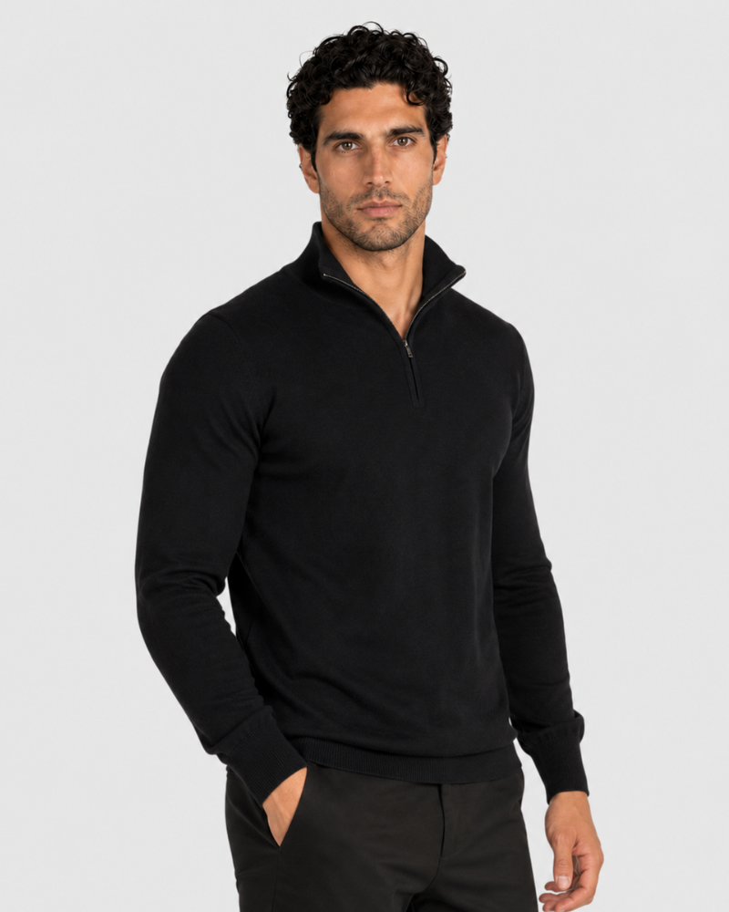 By Alden black half-zip knit sweater on male model, three-quarter view, upper body, light gray background. #Color_black