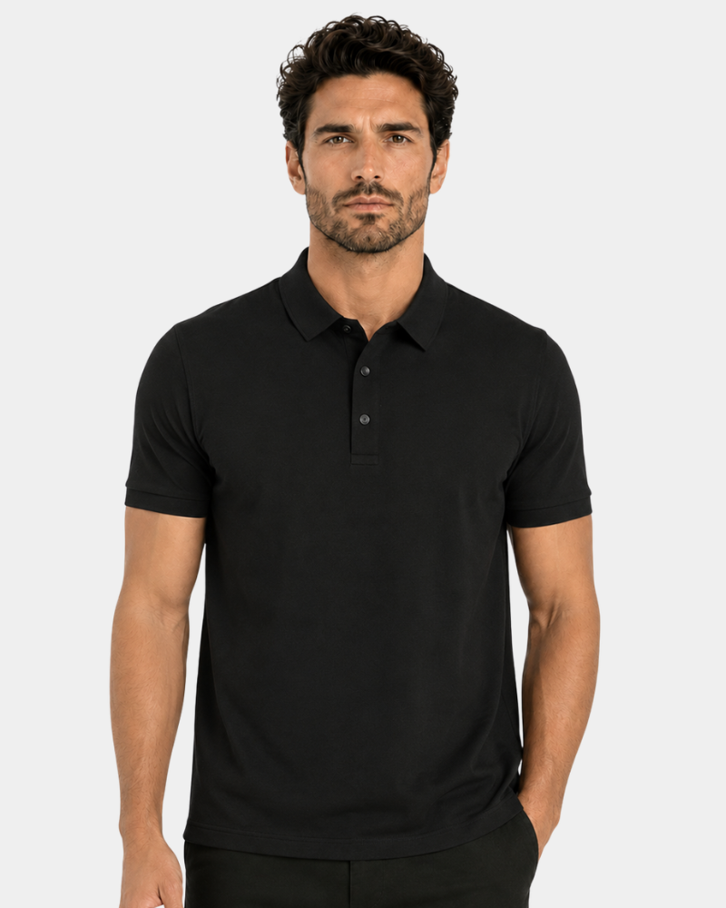 By Alden black knit polo shirt on male model, front view, upper body, light gray background. #color_black