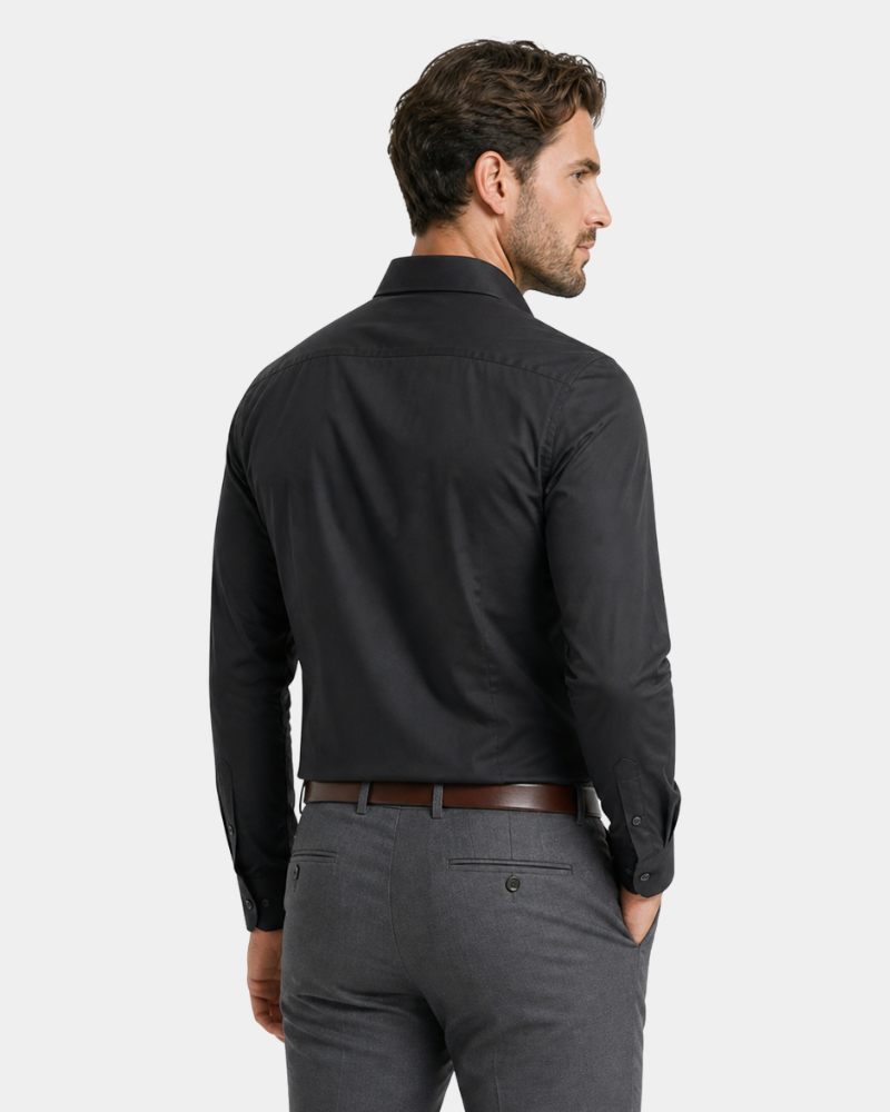 By Alden black slim-fit dress shirt on male model, back view, upper body, light gray background. #color_black