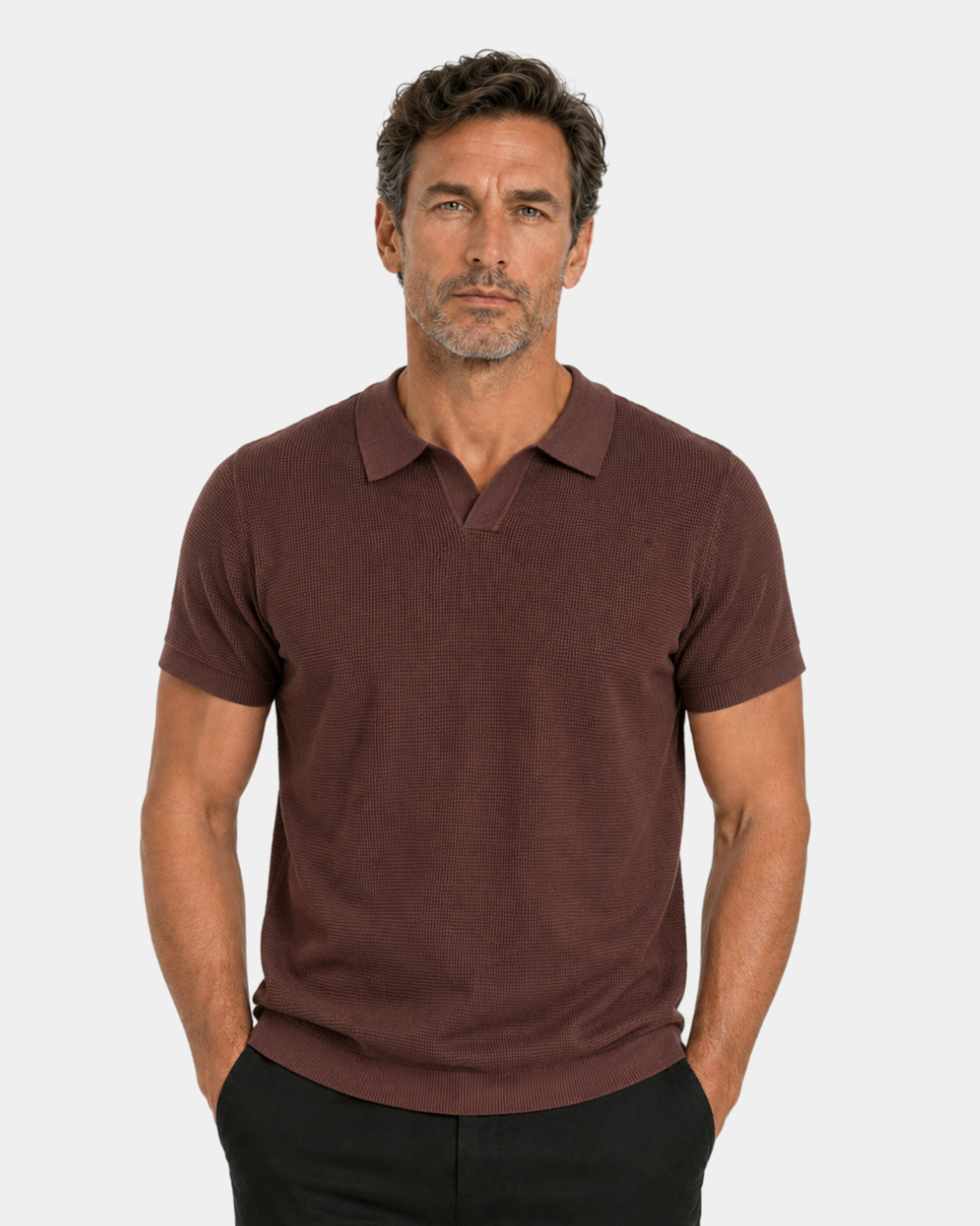 By Alden burgundy open-collar knit polo shirt on male model, front view, upper body, light gray background. #color_chocolate brown