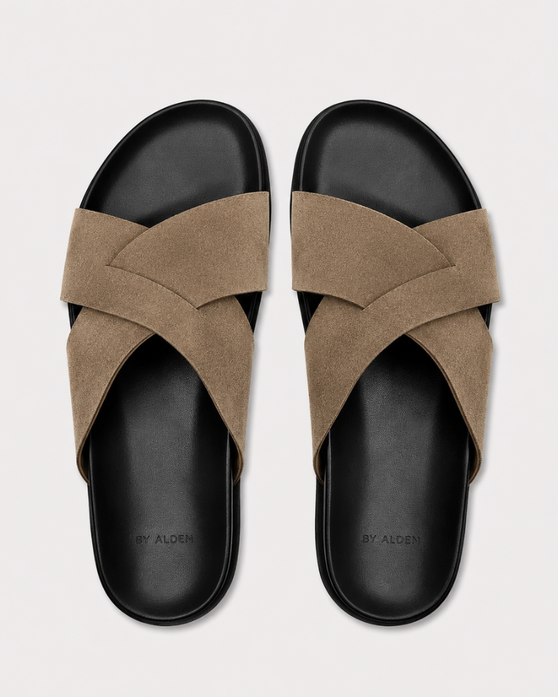 By Alden camel cross-strap suede slide sandals pair, black sole, top view, gray background #Color_camel