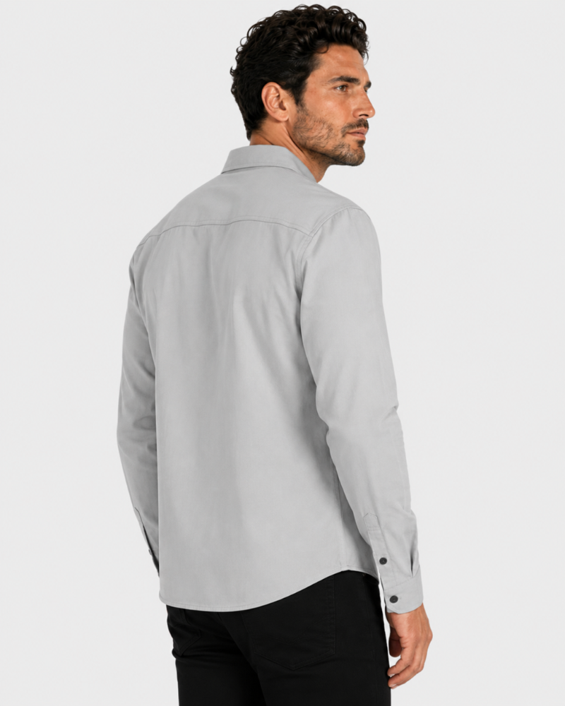 By Alden gray overshirt on male model, back view, upper body, light gray background. #Color_gray