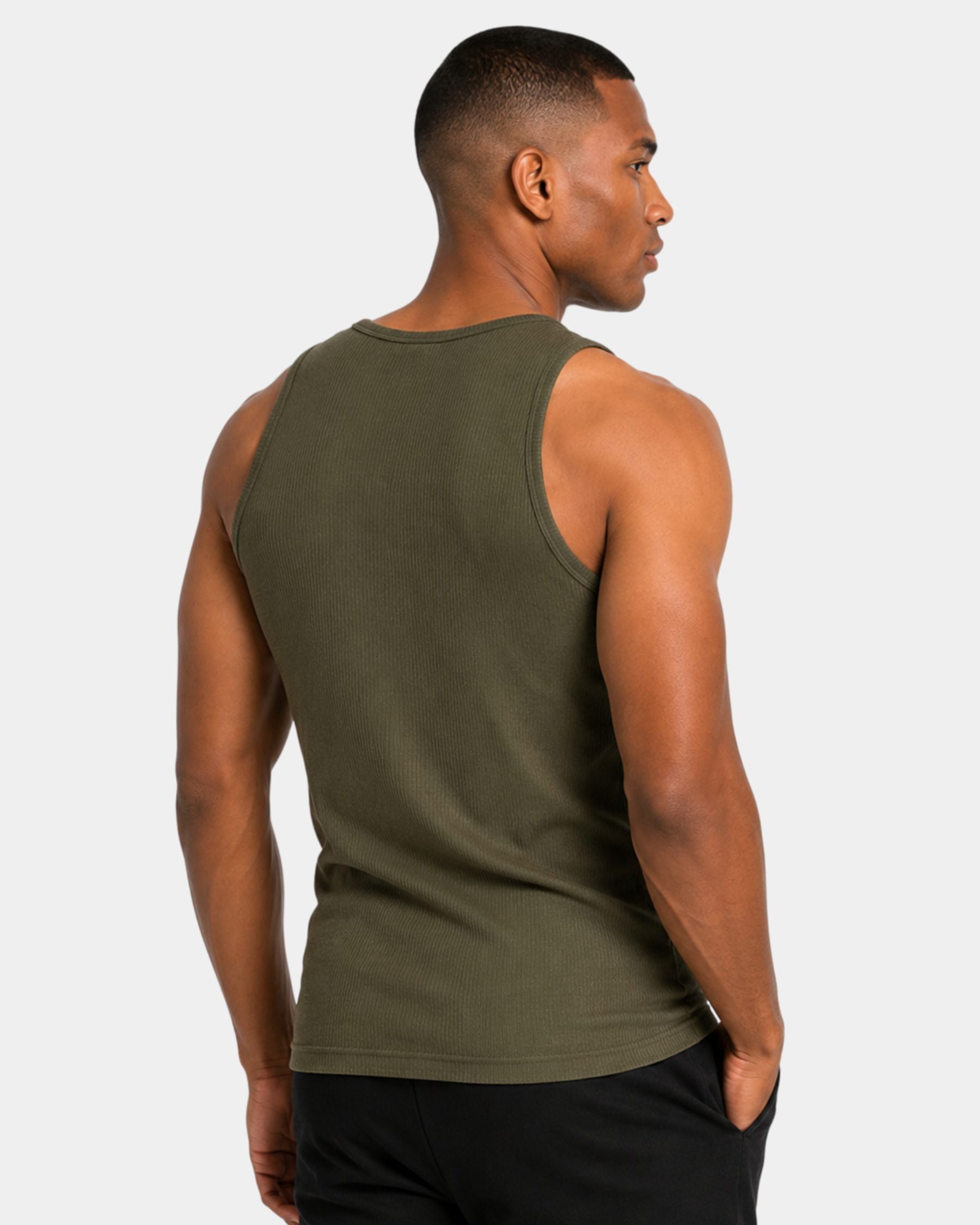 By Alden green ribbed tank top on male model, back view upper body, light gray background #Color_green