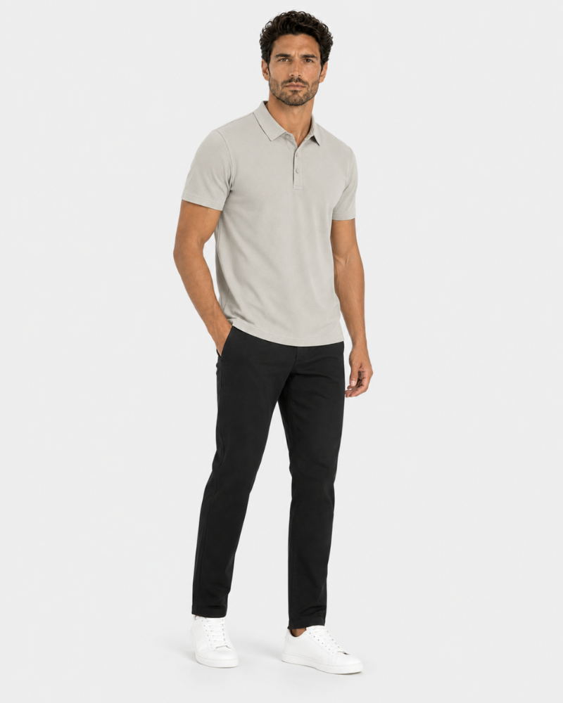 By Alden light gray knit polo shirt on male model, three-quarter view, full body, light gray background. #color_deep stone
