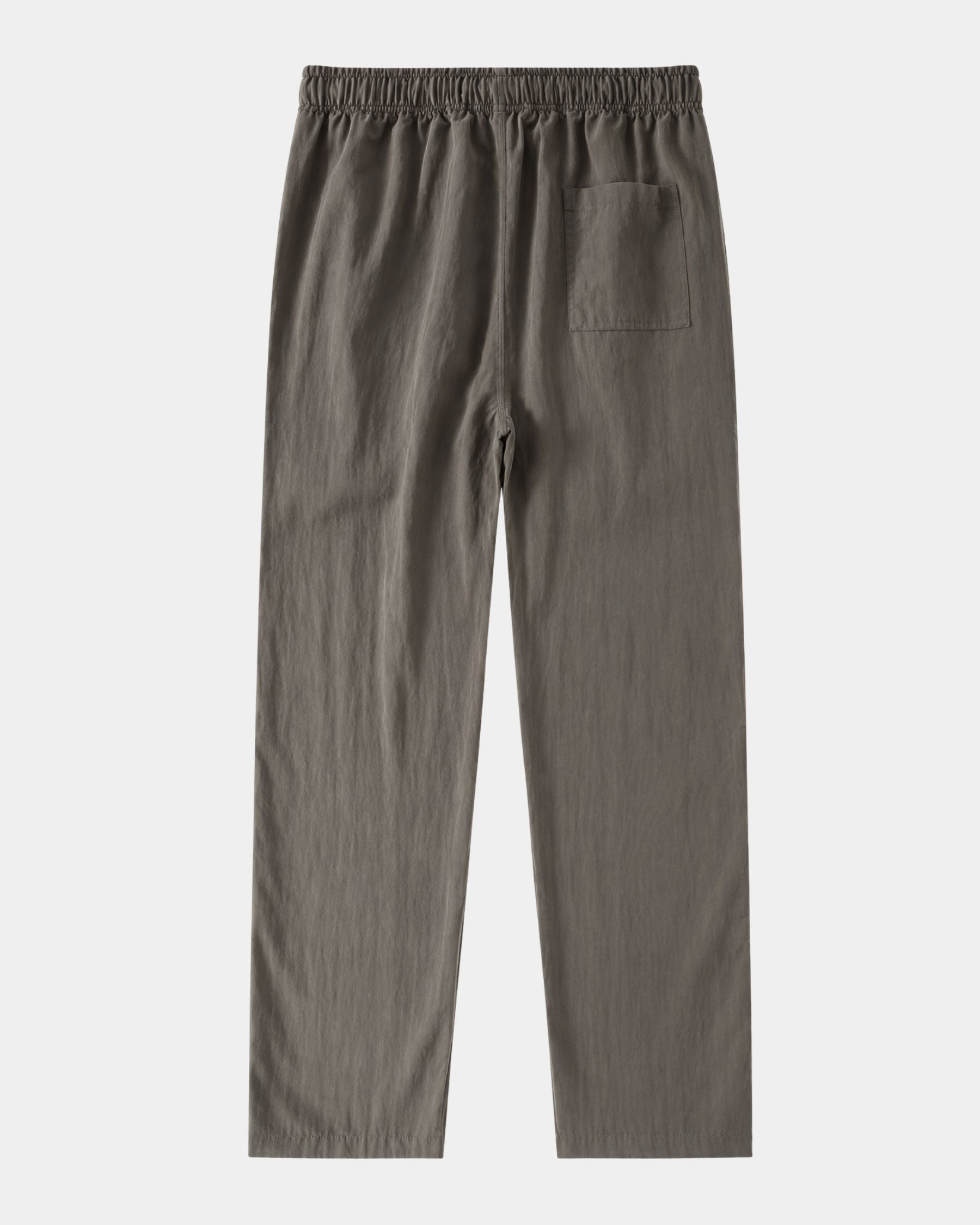 By Alden olive green linen drawstring trousers, flat lay back view with back pocket detail, light gray background #color_olive green