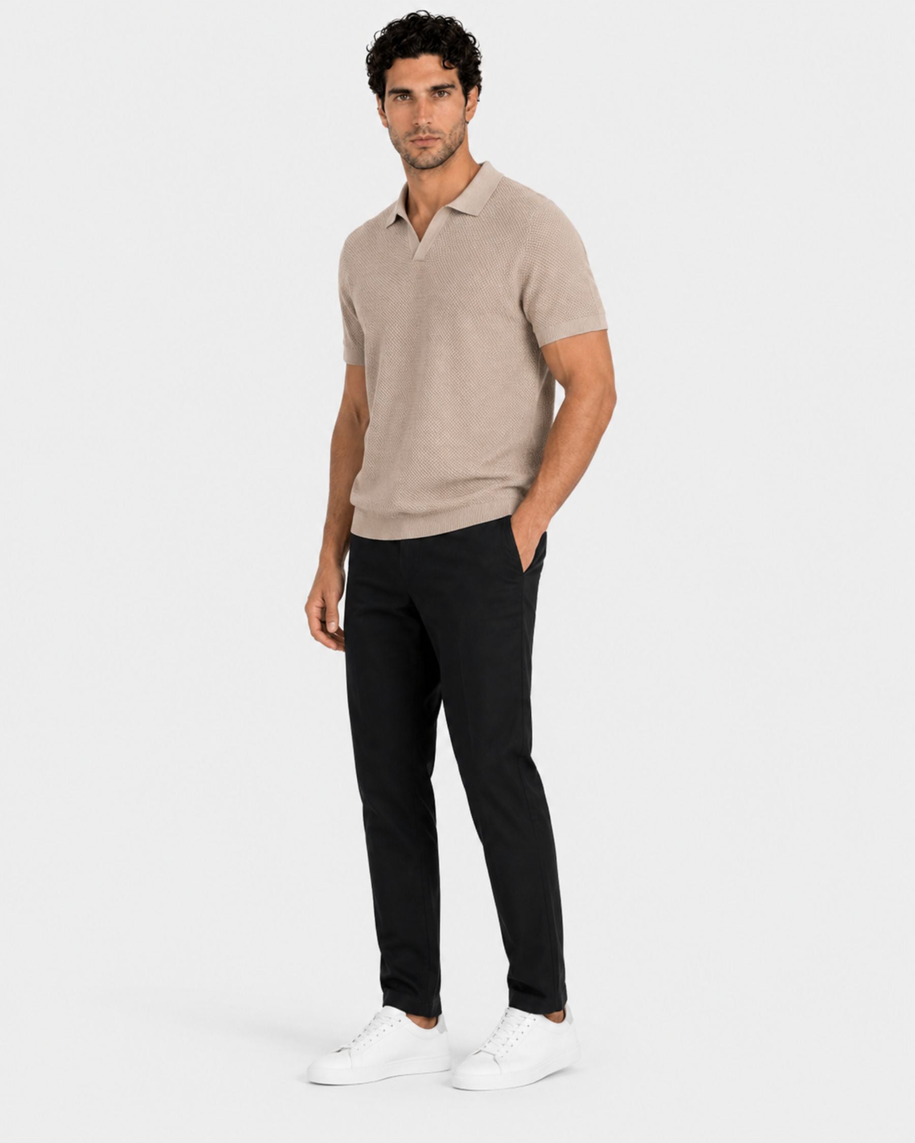 By Alden sand open-collar knit polo shirt on male model, three-quarter view, full body, light gray background. #Color_deep stone