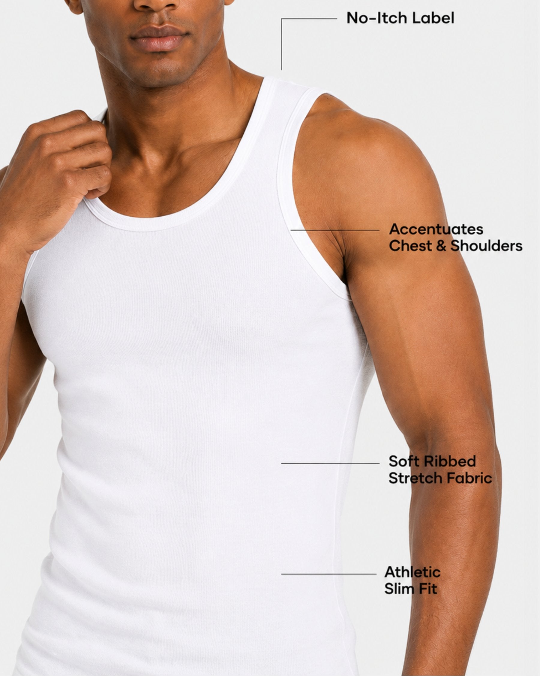 By Alden white ribbed tank top on male model, features callout detail view, light gray background #Color_white