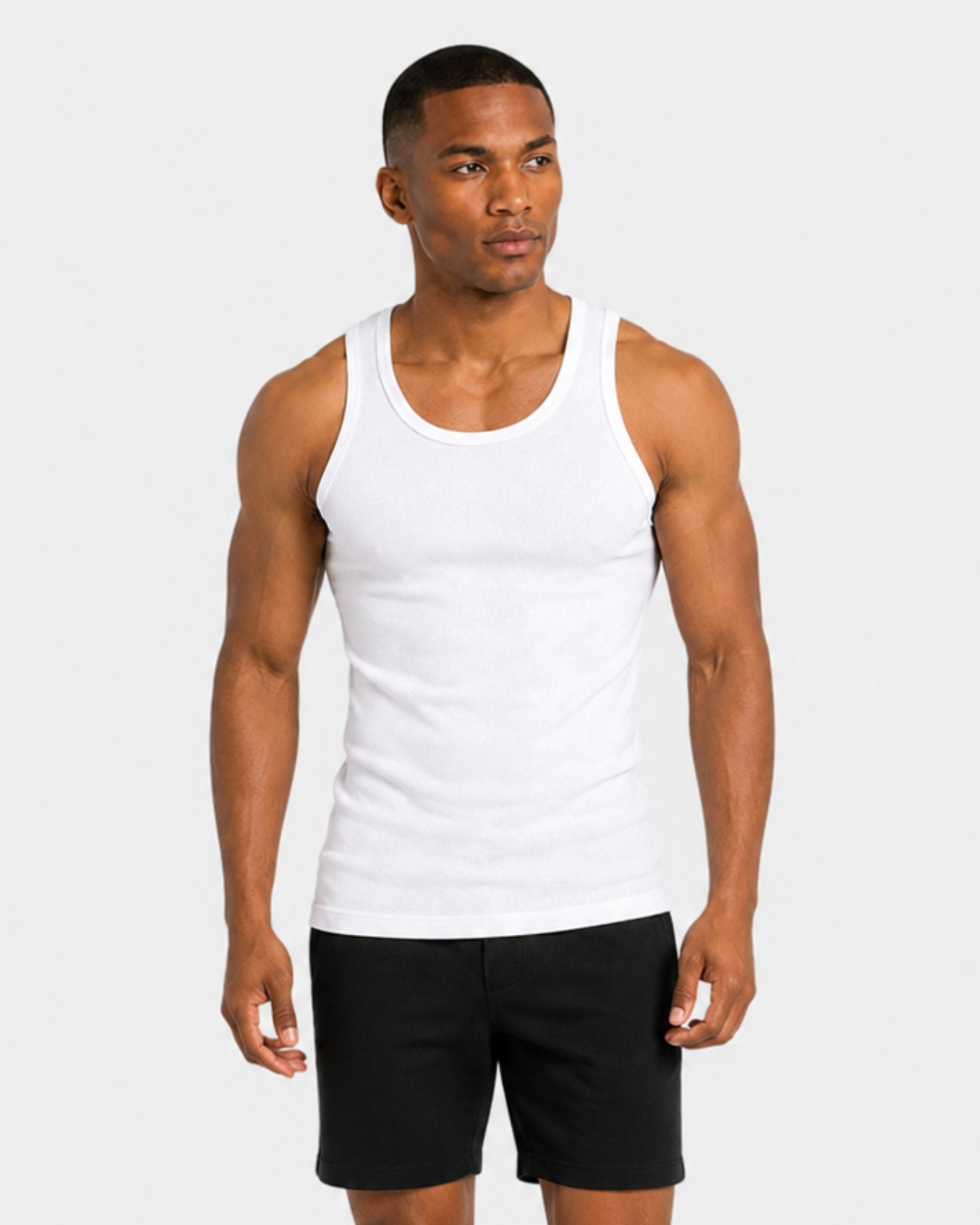 By Alden white ribbed tank top on male model, three-quarter view full body, light gray background #Color_white