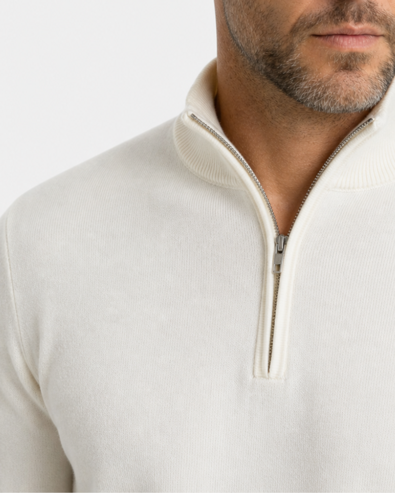 Close-up of a person wearing a beige quarter-zip sweater against a white background #color_beige