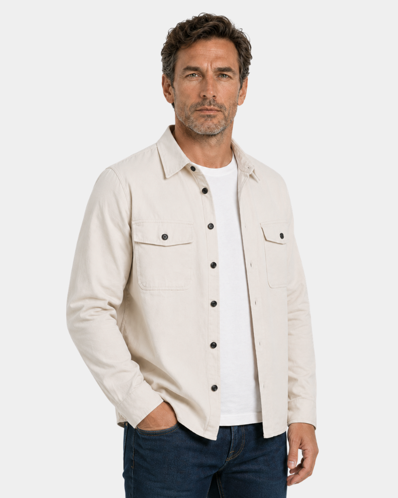 Man wearing a By Alden stone jacket over a white shirt on a white background #color_stone