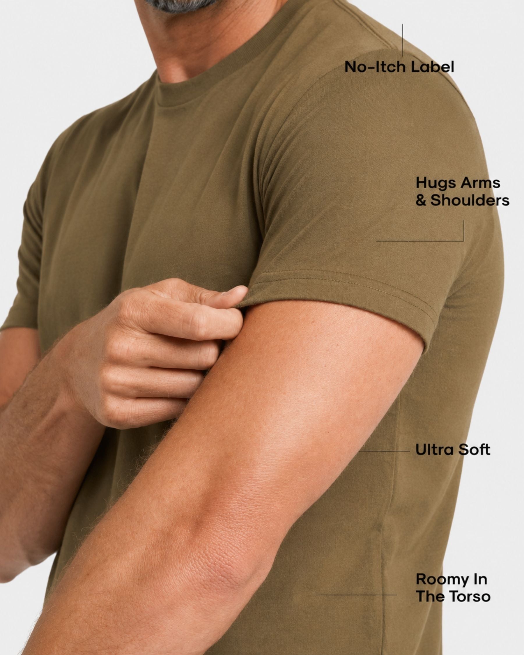 Olive green t-shirt being worn with text labels on a white background