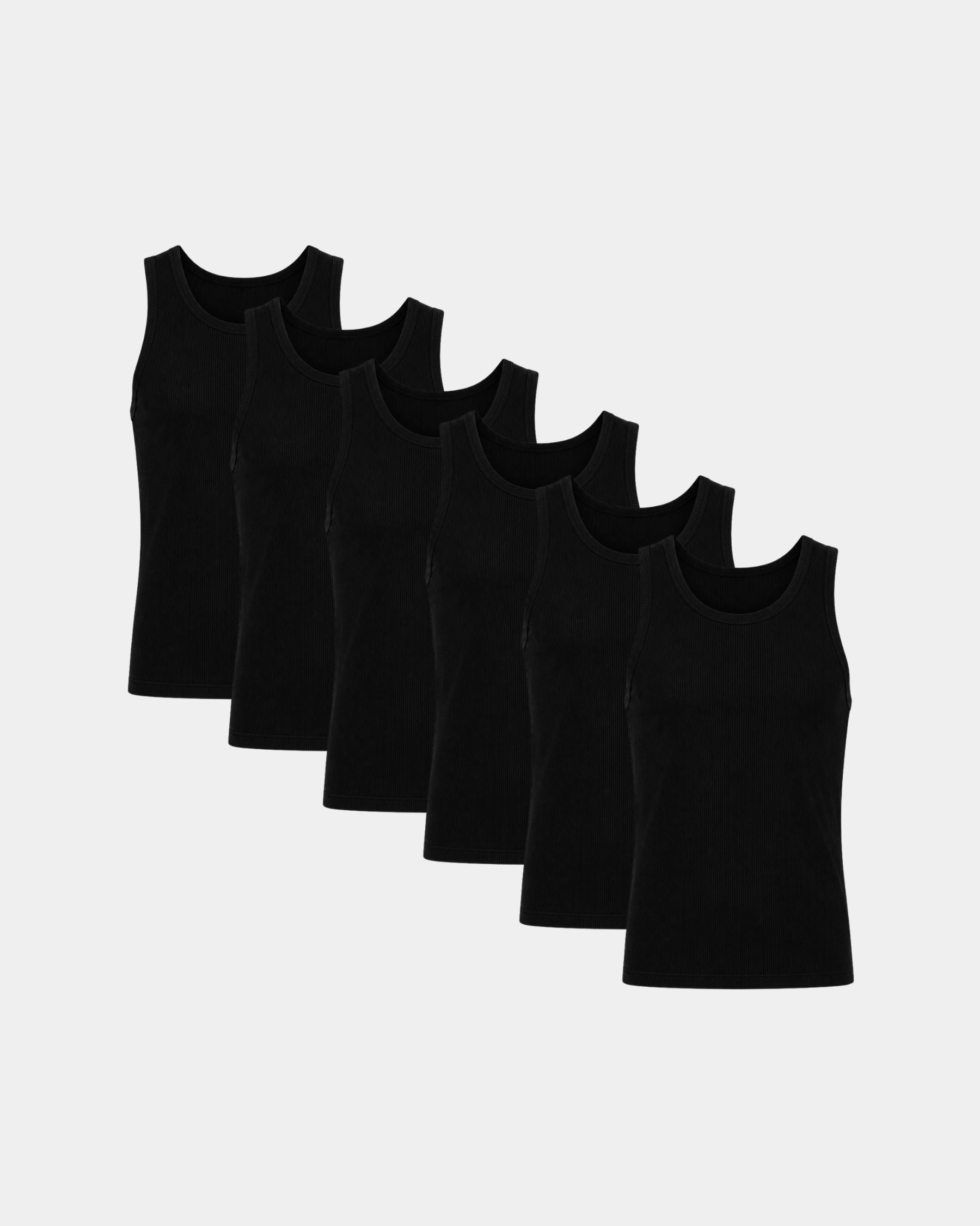 Six black ribbed tank tops arranged in a staggered diagonal row on a light gray background.