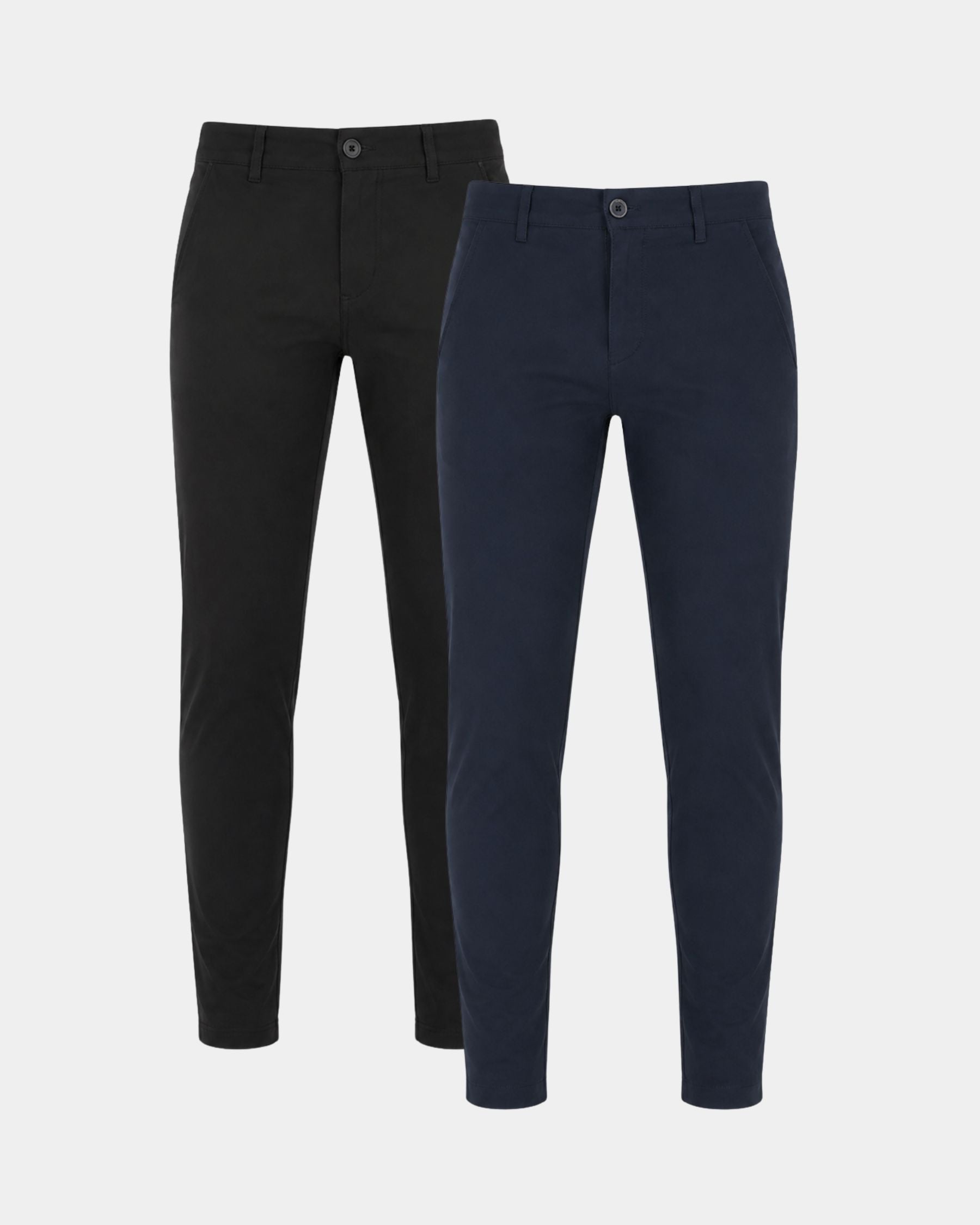 Two slim-fit trousers shown on a light gray background, one in black and one in dark navy blue.