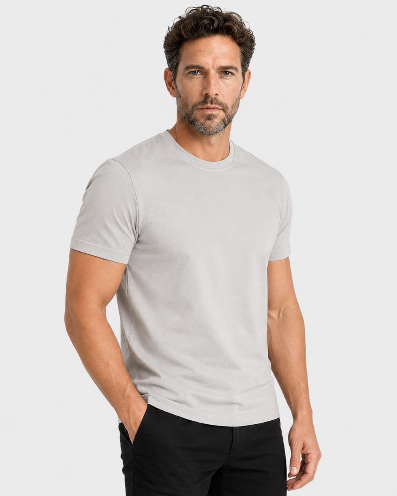 By Alden gray crew neck t-shirt on male Caucasian model, 3/4 angle, gray bg #Color_mixed color #Mixed_basics