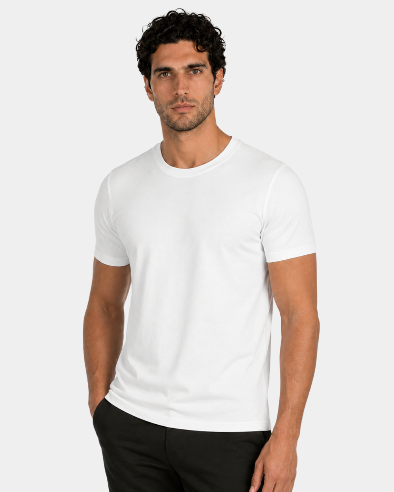 By Alden white crew neck t-shirt on male Caucasian model, front view, gray bg #Color_basics