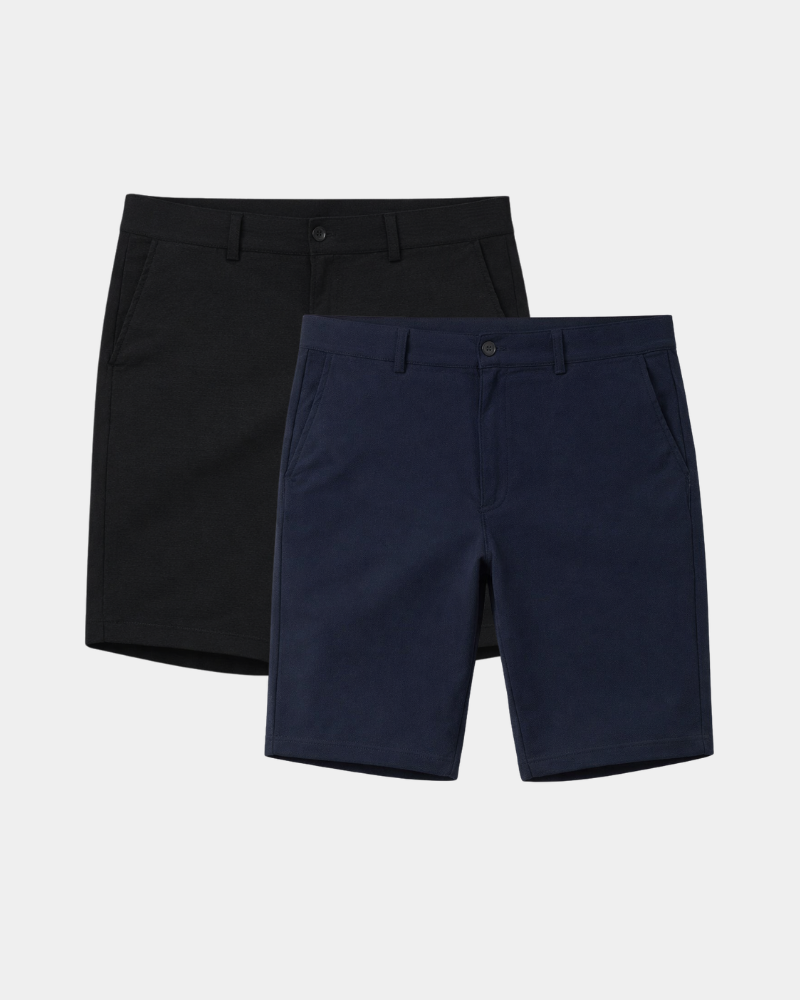Minimalist luxury shorts in black and navy. Tailored stretch-cotton twill fabric with a clean, premium flat-front design.