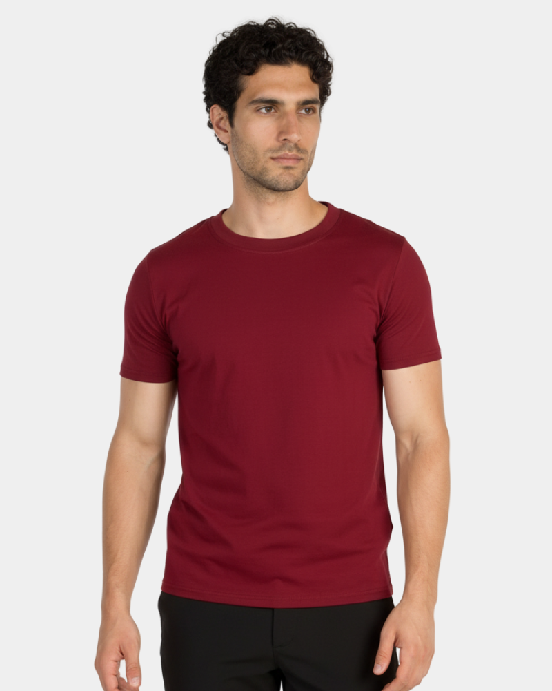 Minimalist burgundy luxury pima cotton Smart Fit T-shirt featuring a sharp tailored fit and deep color saturation.