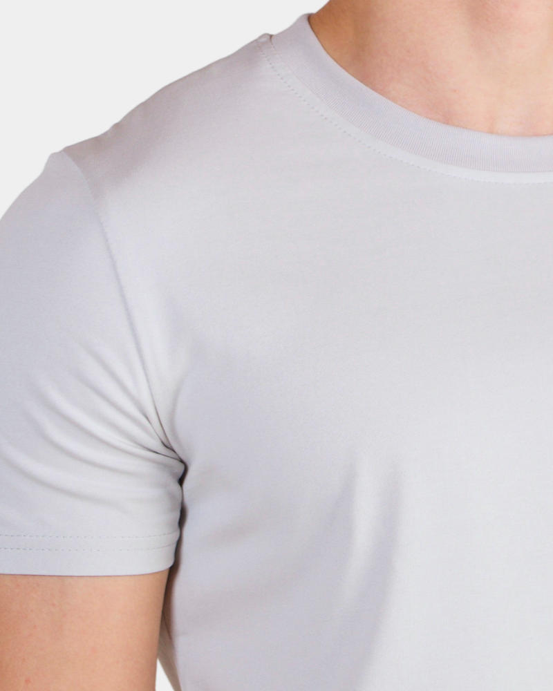 Close-up of light grey luxury pima cotton Smart Fit T-shirt highlighting the premium finish and ribbed collar.