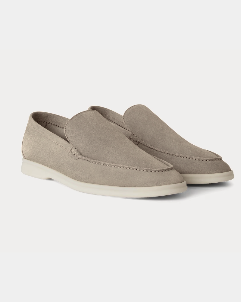 By Alden Luxury beige suede yacht loafers with minimalist off-white soles, highlighting an elegant slip-on fit and premium texture. #color_deep stone