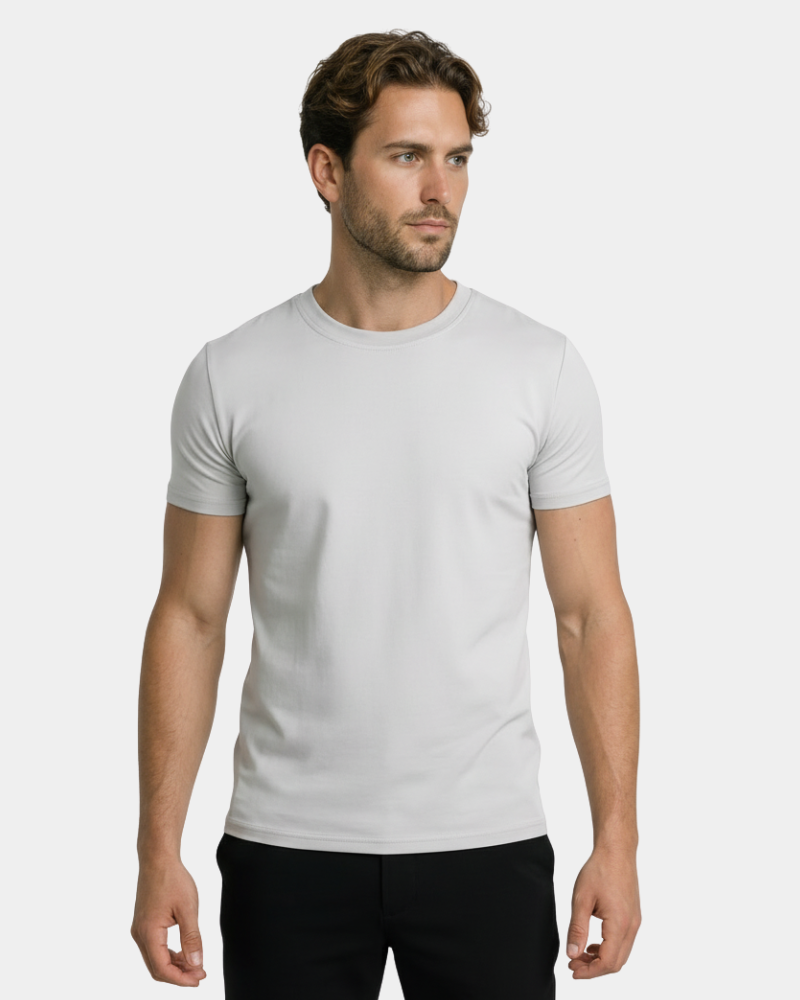 Man wearing a By Alden plain gray t-shirt against a white background #Color_mixed color