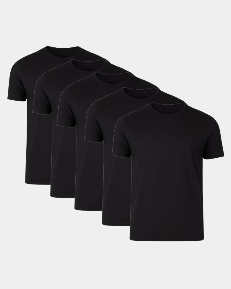 Five black t-shirts arranged in a row on a light gray background #Color_black