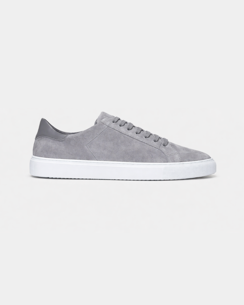 By Alden Gray Suede Classic Trainers, side profile view, light grey background #color_gray