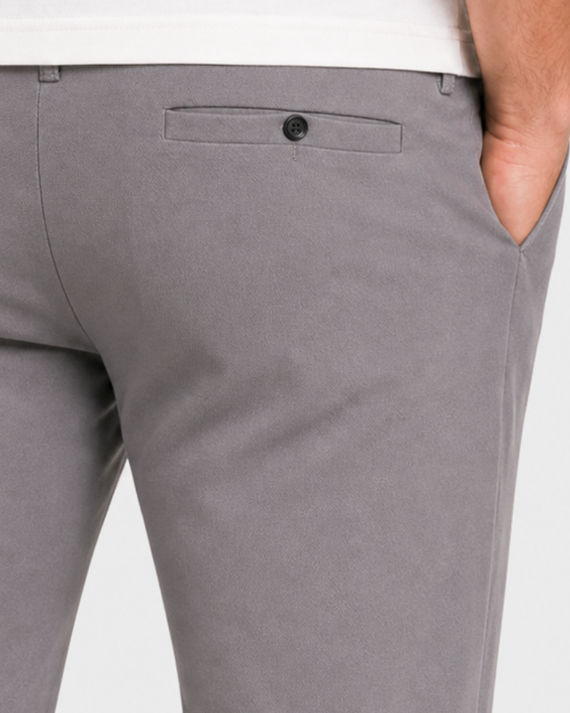 By Alden Gray pants with a button on a white background #Color_gray