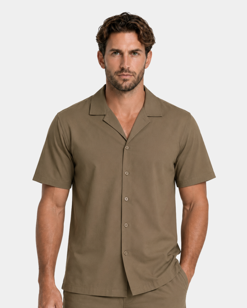 By Alden Green Camp Collar Shirt worn by a White male model, cropped front view, light grey background #Color_warm taupe