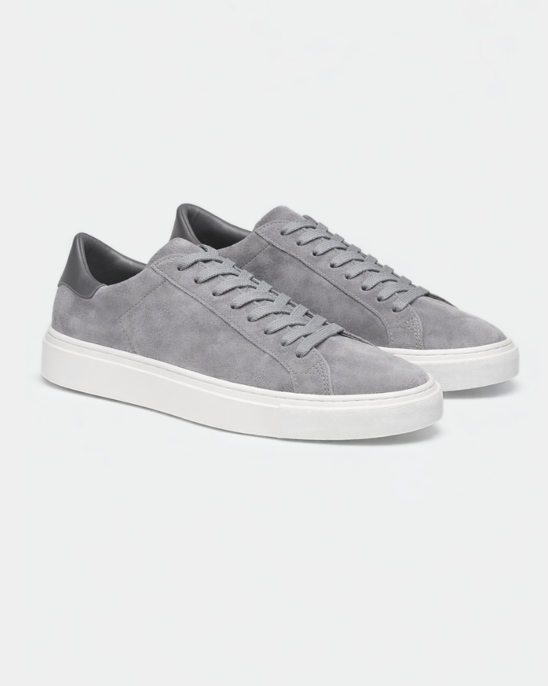 By Alden Grey Suede Classic Trainers, angled pair view, light grey background #color_gray