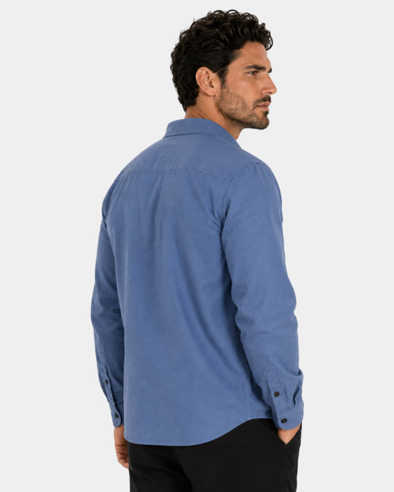 By Alden Lake Blue Overshirt worn by a White male model, back angle view, white background #Color_lake blue