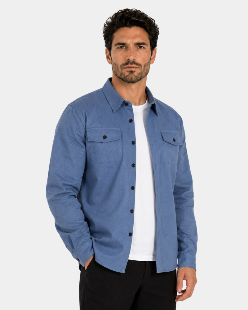 By Alden Lake Blue Overshirt worn by a White male model, cropped front view, light grey background #Color_lake blue