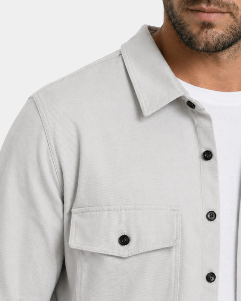 By Alden Light gray jacket with black buttons on a white background #color_gray