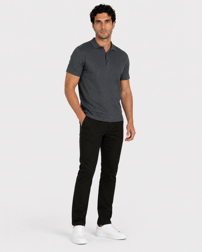 Man wearing a By Alden gray polo shirt and black pants on a white background #Color_dark gray