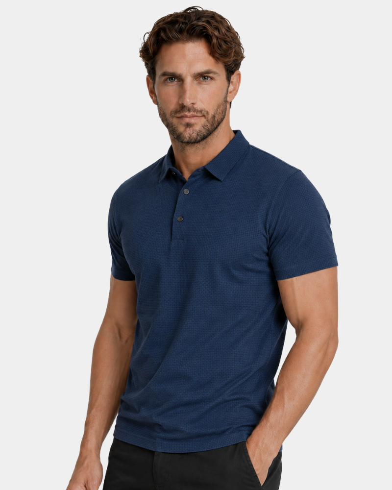 Man wearing a By Alden navy blue polo shirt on a white background #Color_blue