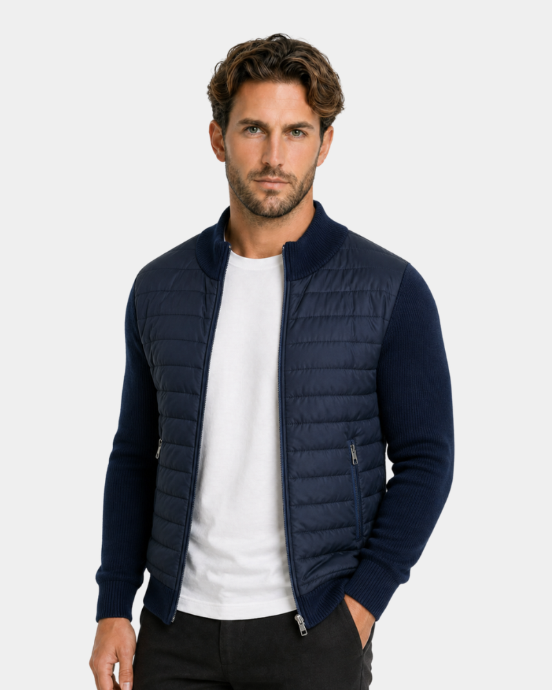 By Alden Navy Hybrid Puffer Knit Jacket worn by a White male model, cropped front view, light grey background #Color_Navy