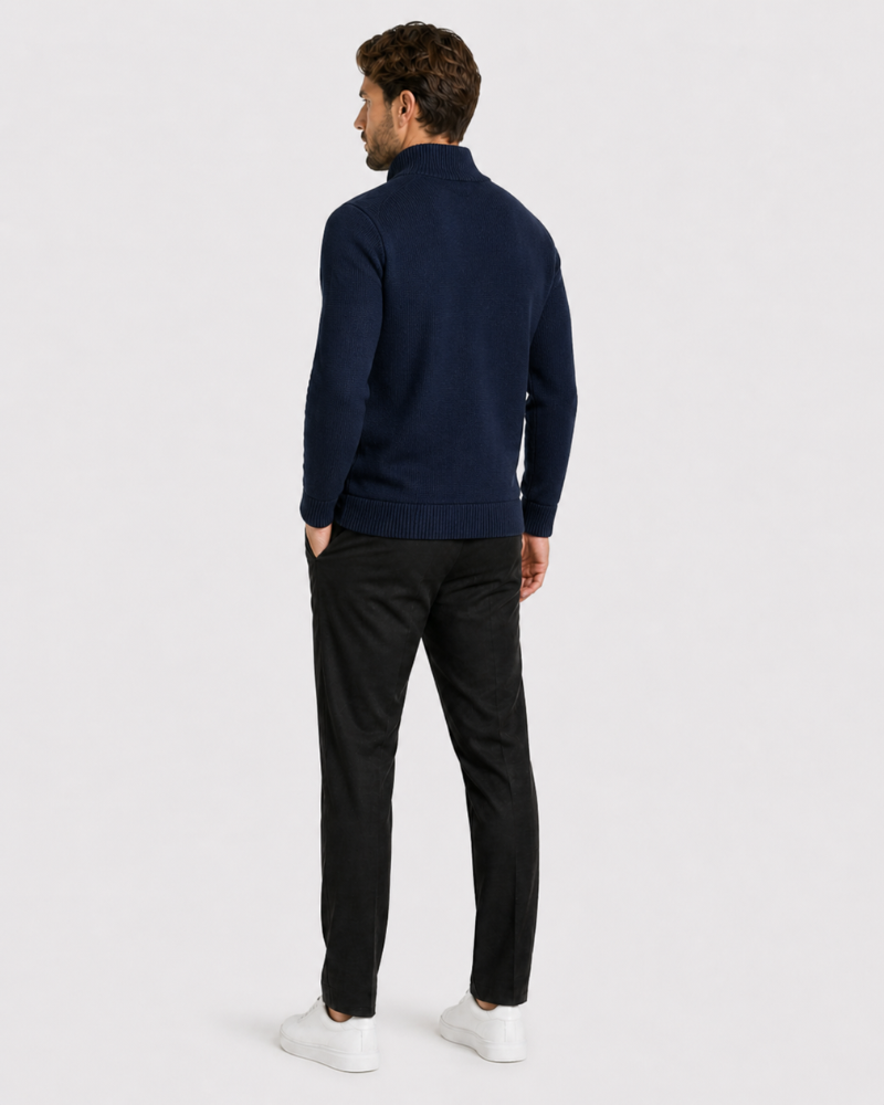 By Alden Navy Hybrid Puffer Knit Jacket worn by a White male model, full back view, light grey background #Color_Navy