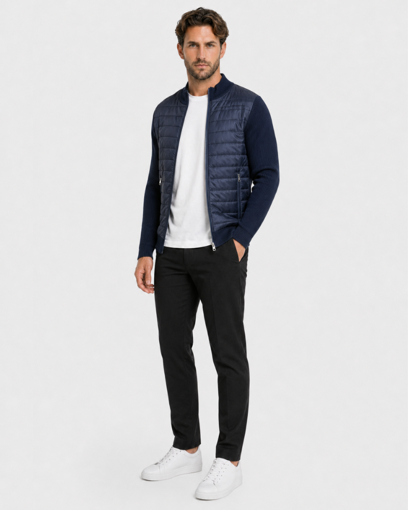 By Alden Navy Hybrid Puffer Knit Jacket worn by a White male model, full front angle view, light grey background #Color_Navy