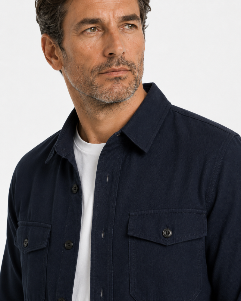 By Alden Navy shirt with a pocket and buttons on a plain background #color_navy