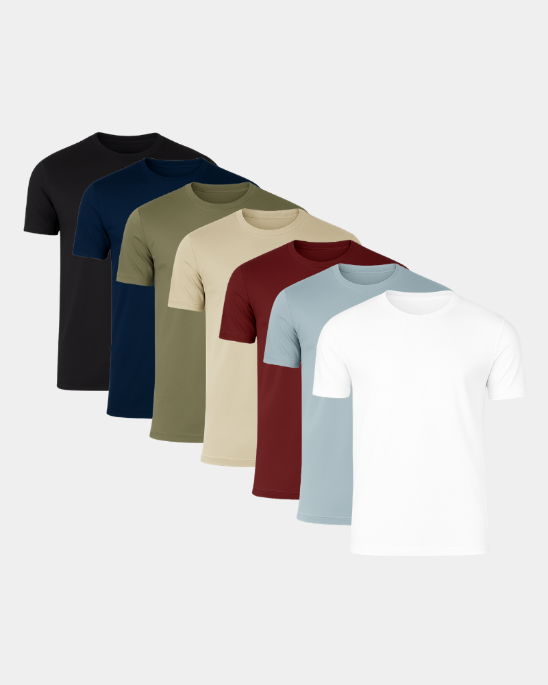 Set of By Alden six plain t-shirts in black, navy, green, beige, red, and white on a light gray background. #Color_mixed color