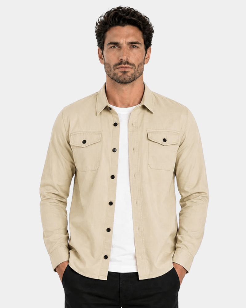 By Alden Stone Overshirt worn by a male model, cropped front view, light grey background #color_stone
