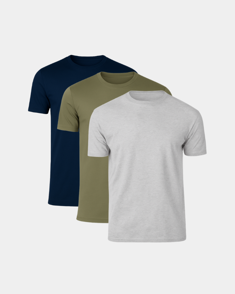 Three t-shirts in navy, green, and gray on a light gray background #Color_mixed color