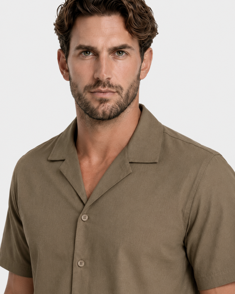 By Alden Warm Taupe short-sleeve shirt on male Caucasian model, close-up front view, gray bg #Color_warm taupe