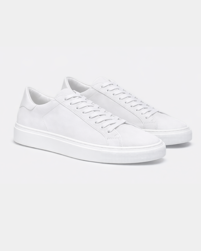 By Alden White Leather Classic Trainers, angled pair view, light grey background #color_white