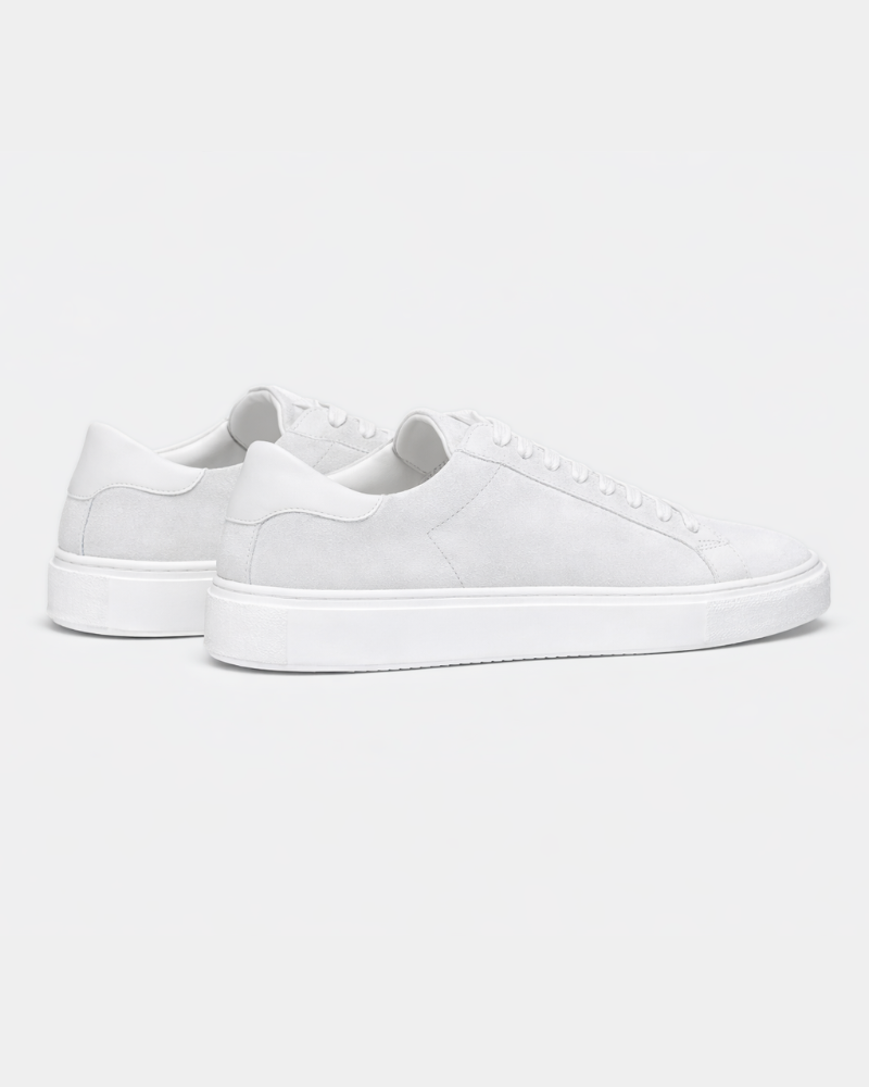 By Alden White Leather Classic Trainers, angled rear pair view, light grey background #color_white
