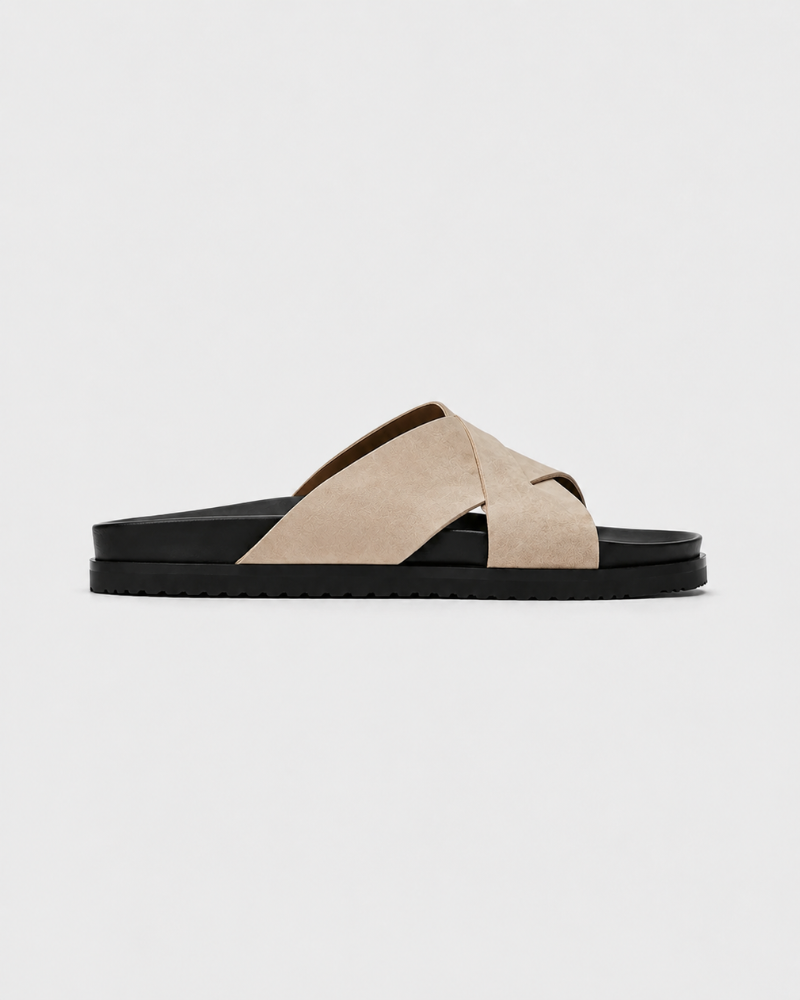 By Alden beige cross-strap suede slide sandal, black sole, side view, gray background
#Color_beige