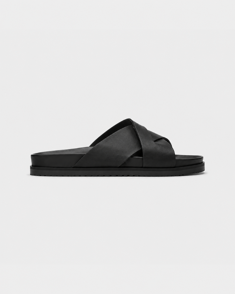 By Alden black cross-strap leather slide sandal, black sole, side view, gray background #Color_black
