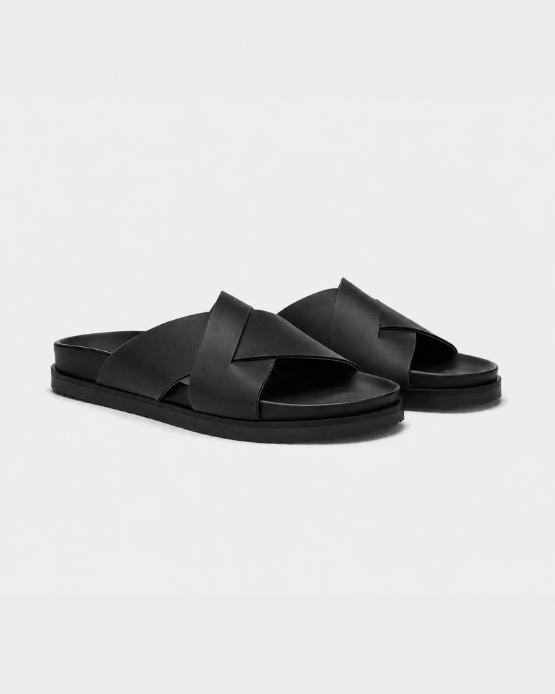 By Alden black cross-strap leather slide sandals pair, black sole, 3/4 angle view, gray background #Color_black