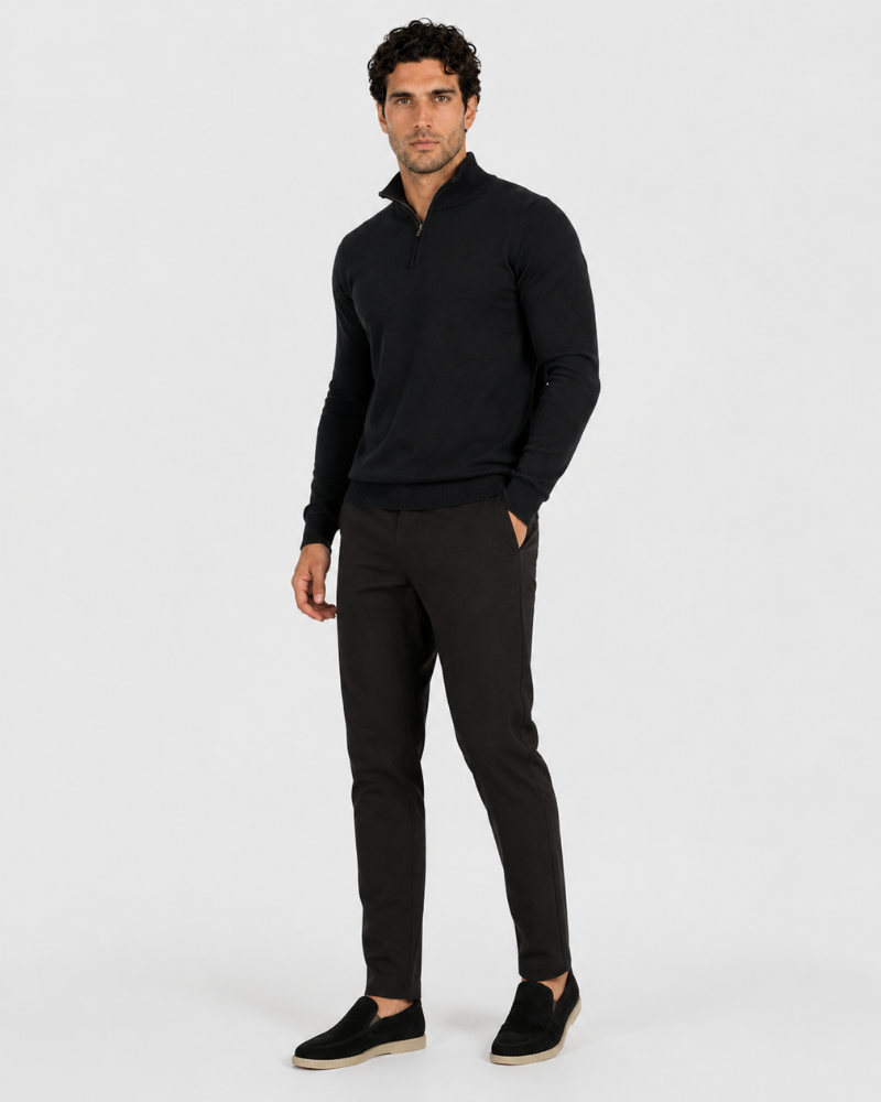 By Alden black half-zip knit sweater on male model, three-quarter view, full body, light gray background. #Color_black