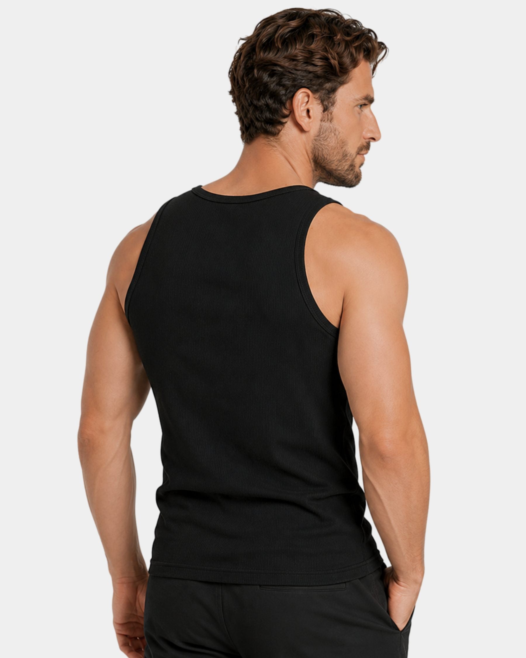 By Alden black ribbed tank top on male model, back view upper body, light gray background #Color_black