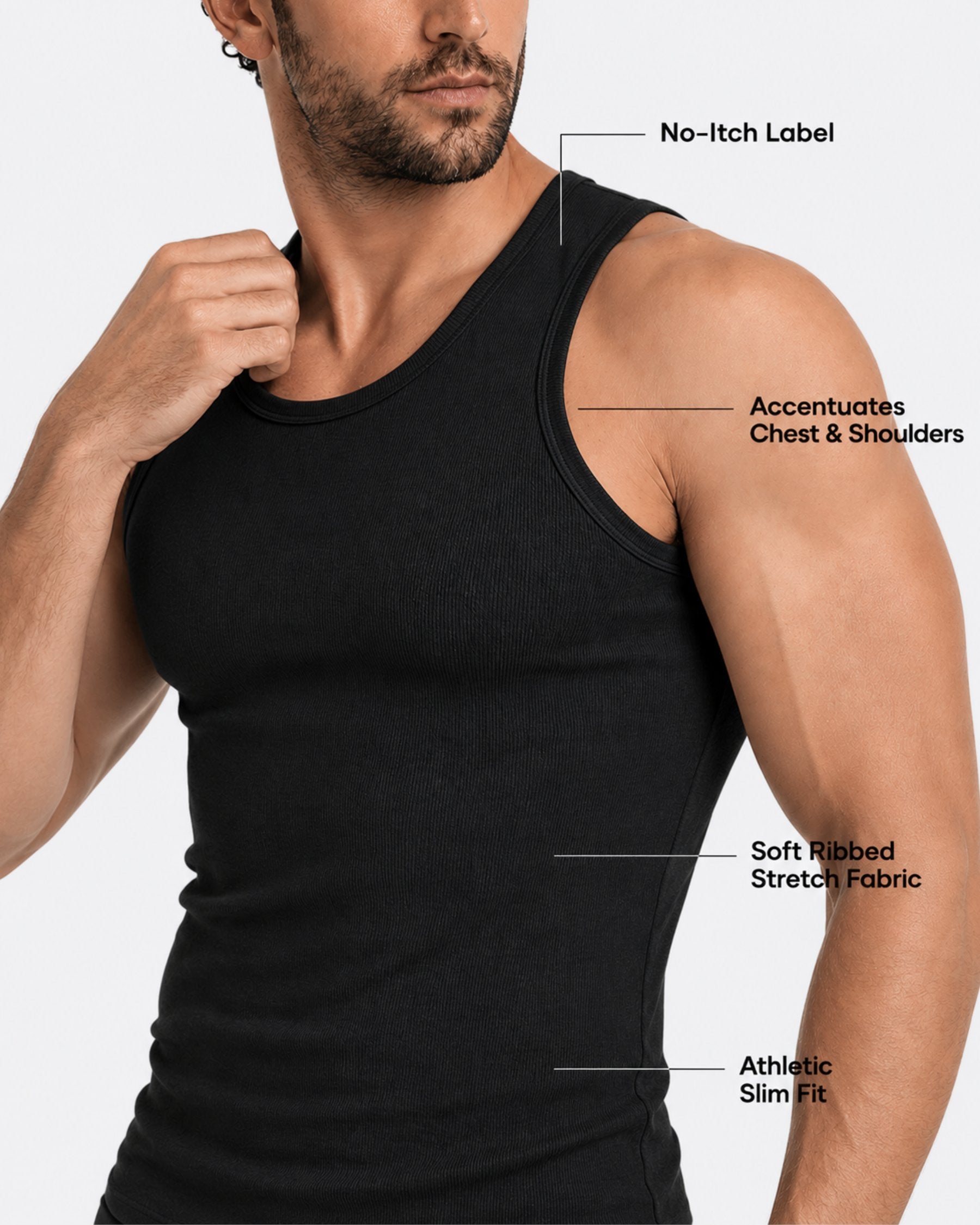 By Alden black ribbed tank top on male model, features callout detail view, light gray background #Color_black